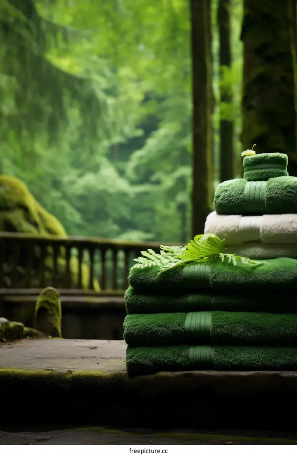 Green Stack of Soft Towels in a Forest