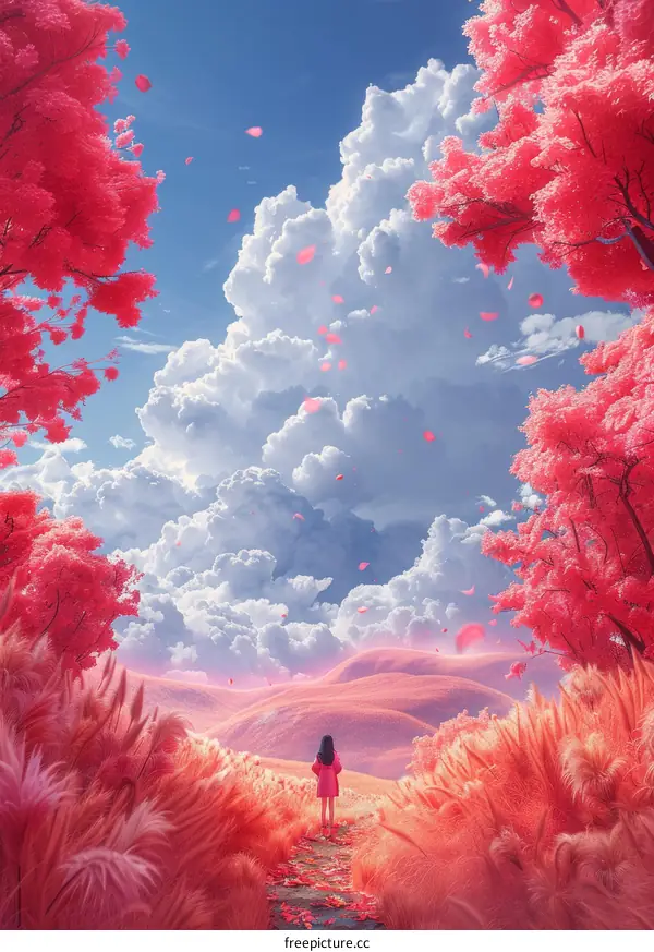 girl standing in a beautiful pink flower field looking at the blue sky