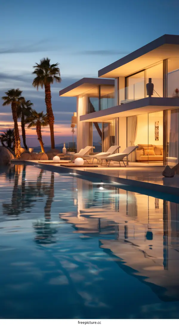 Modern house with pool and palm trees