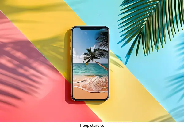 Smartphone Displaying Beach Scene on a Colorful Background