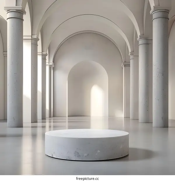 White Marble Platform in an Empty Hallway with Columns and Arched Ceiling