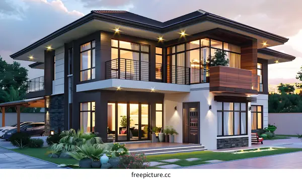 Modern Two Story House with Balcony and Large Windows