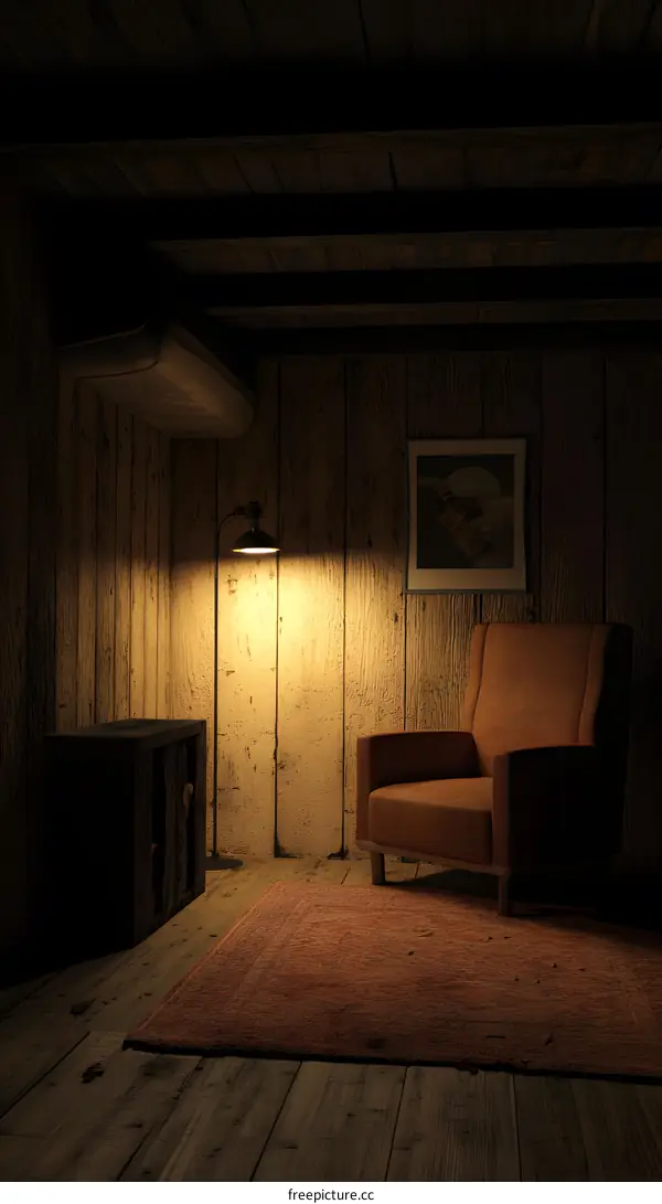 Cozy Cabin Interior with Wooden Floor and Armchair