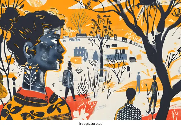 People Walking In A Stylized Winter Landscape