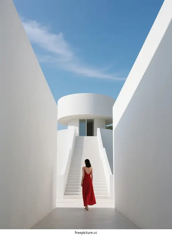 A Woman in Red Dress Walking Towards a Modern White Building