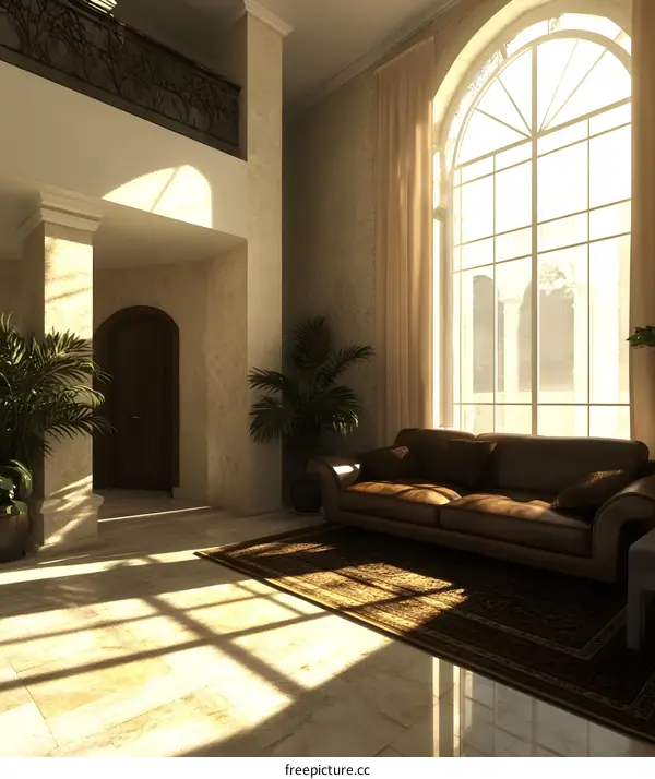 Spacious Living Room with Large Window and Leather Sofa