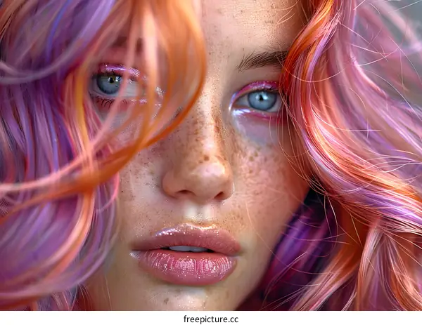 Close-up portrait of a beautiful woman with pink and orange hair
