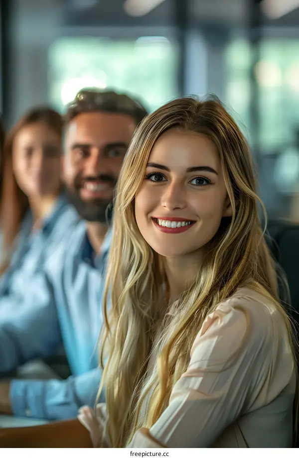 portrait of a smiling young woman in a pink blouse with two people in the background
