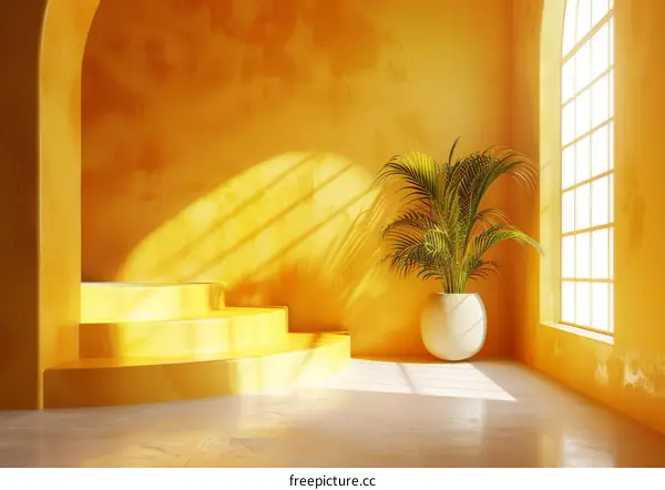 Modern Minimalist Room with Yellow Walls and Potted Plant