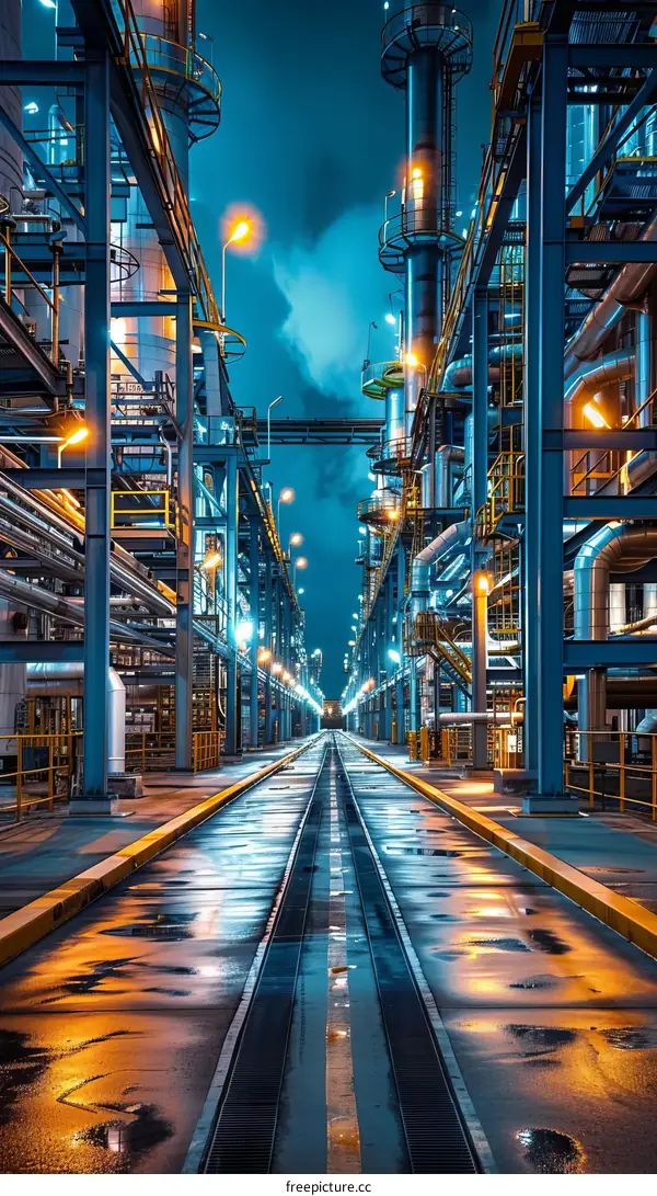 A photo of an oil refinery at night