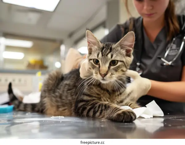 A veterinarian examining a cat