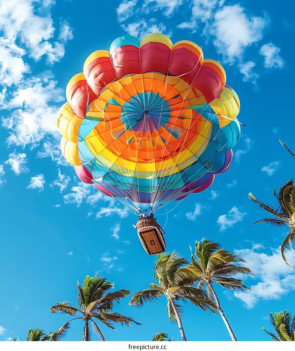 Colorful hot air balloon above palm trees