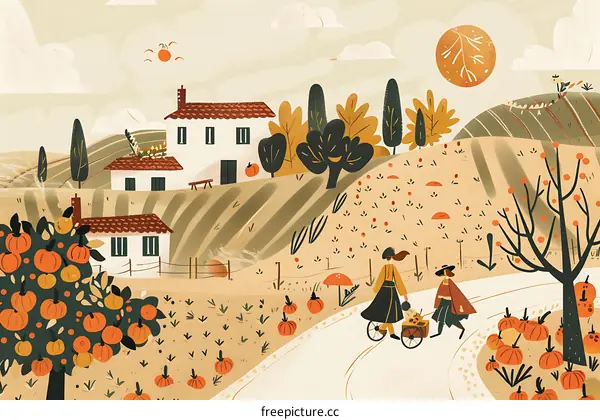 Autumn Village with Two Women Walking