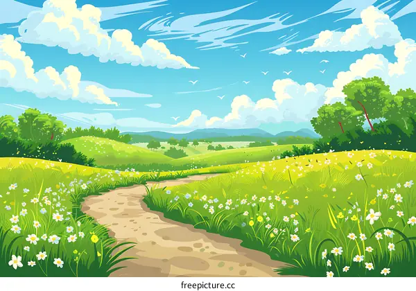 Green Meadow Path Landscape with Blue Sky and White Clouds