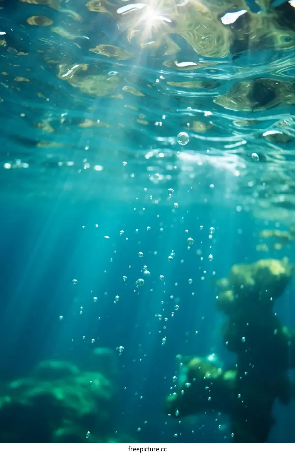 Underwater bubbles with sun rays shining through