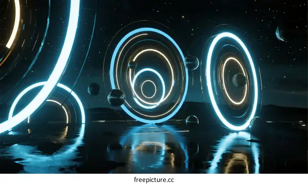Futuristic glowing circular structures with reflective water surface in space