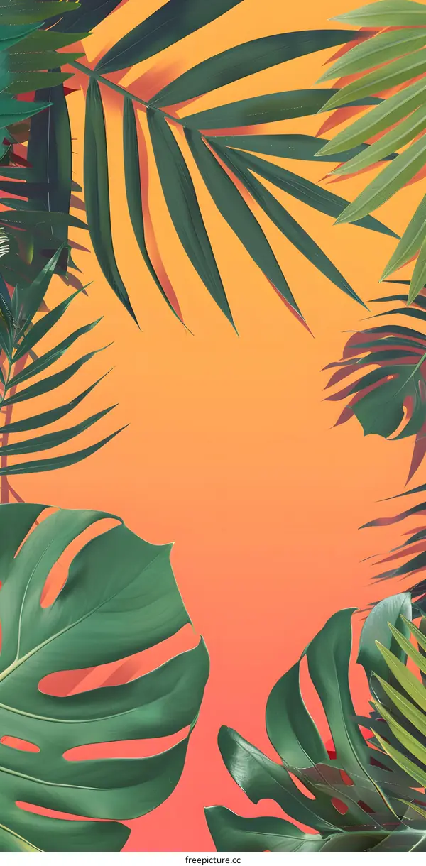 Tropical Leaves on Orange and Pink Gradient Background