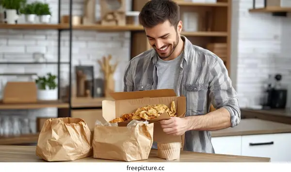 Man Enjoying Takeaway Food at Home
