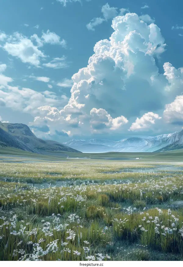 Vast Grassland with White Clouds and Majestic Mountains