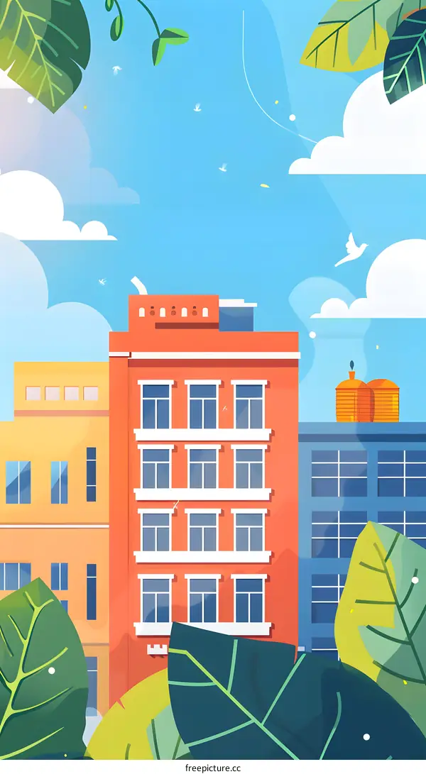 Cartoon Building Illustration with Green Leaves and Blue Sky