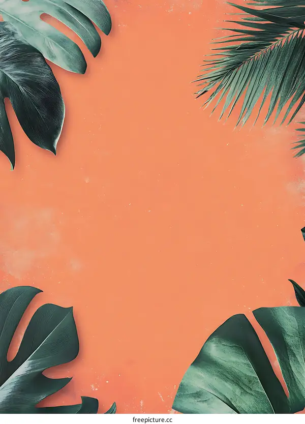 Tropical Leaves on Coral Orange Background