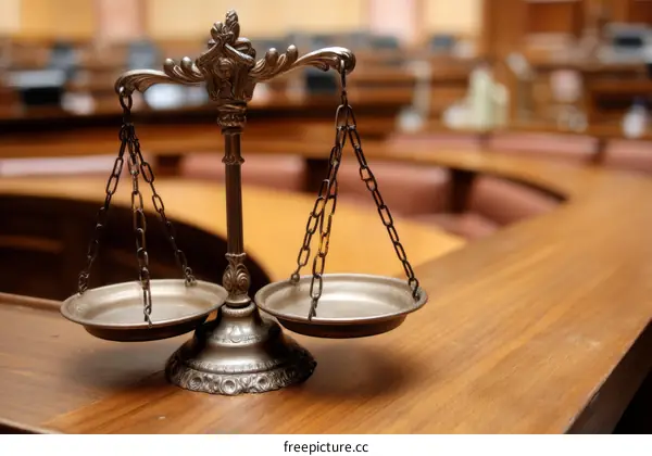 Justice Scale on a Wooden Table in a Courtroom