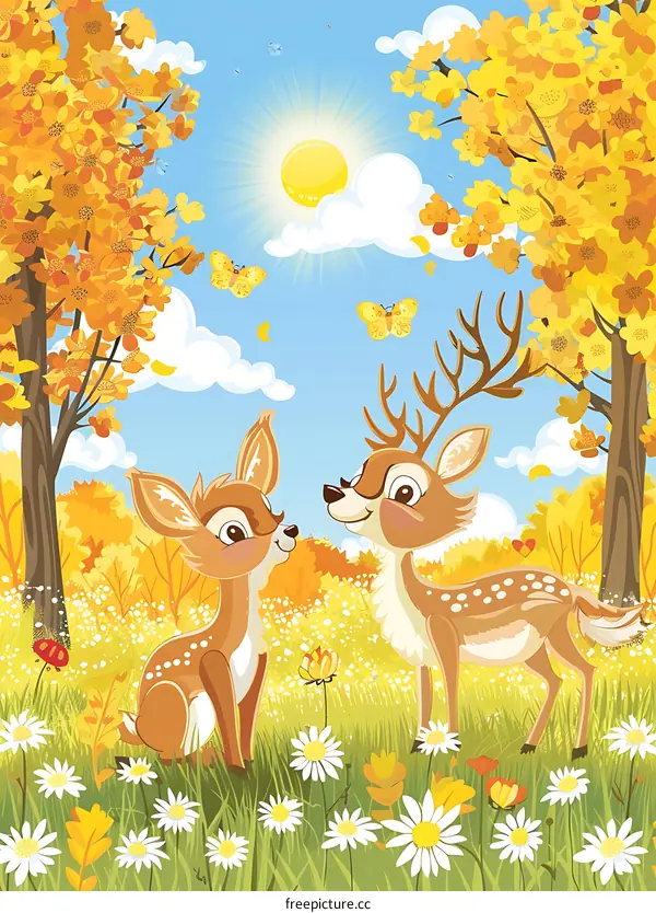 Cute Couple of Deer in Autumn Forest Illustration