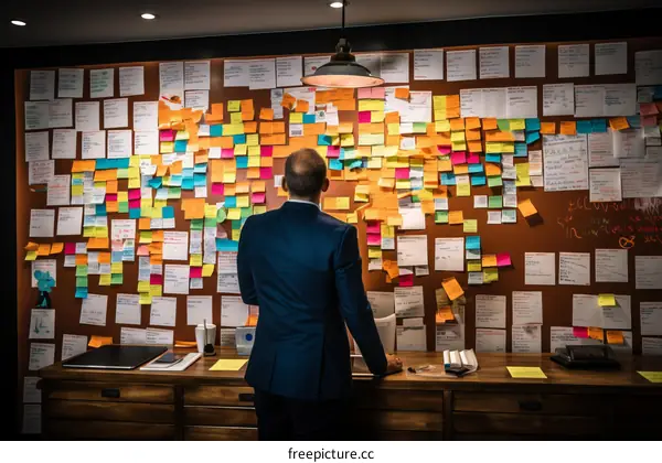 A man looking at a wall full of sticky notes.