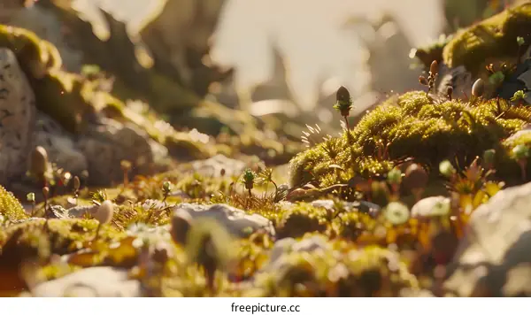 Close Up of Mossy Ground with Small Plants in the Sunlight