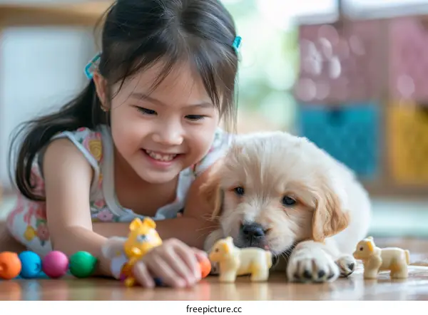 Asian little girl playing with a golden retriever puppy