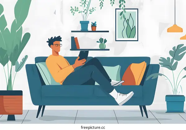 Man Relaxing on Couch with Tablet in Living Room