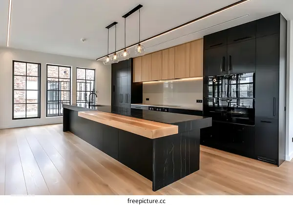 Modern Kitchen Design with Black Cabinets and Wooden Island
