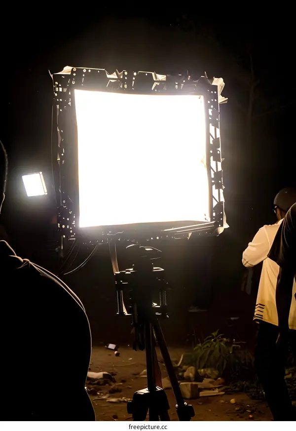 Camera Tripod With Softbox Light On Set At Night