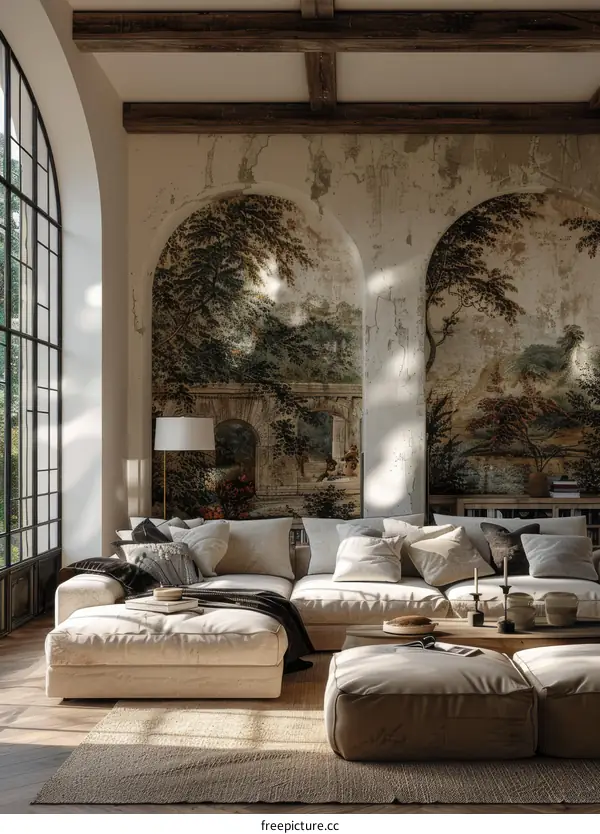 Luxurious Living Room with Frescoed Arch Ceiling
