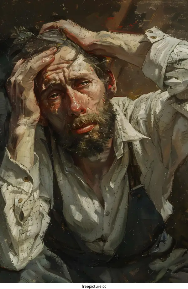 Portrait of a man with a beard and his hands on his head