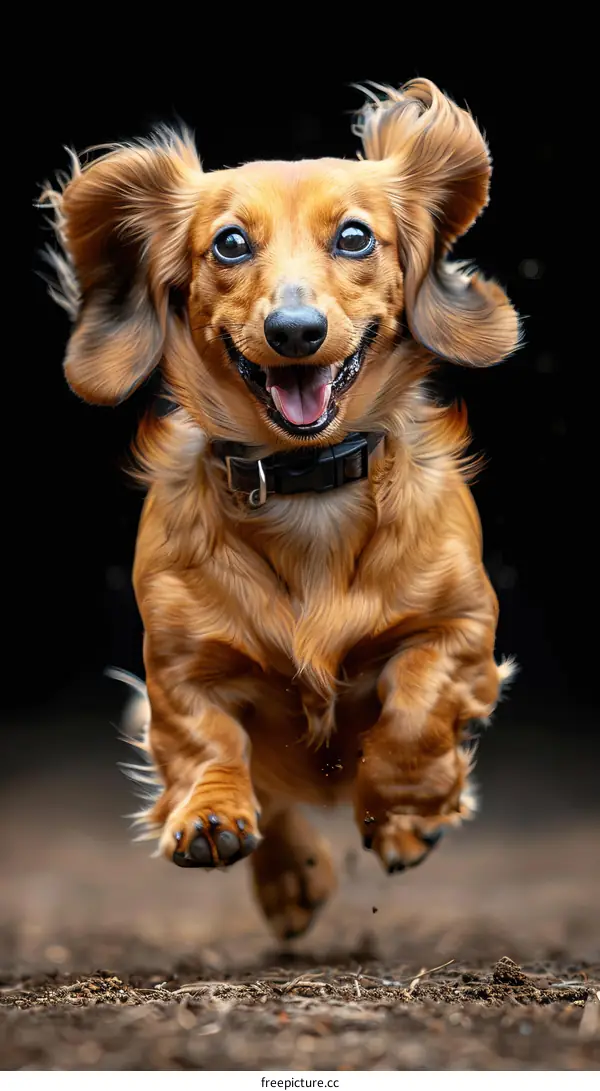 A happy brown miniature dachshund running with its ears blown back