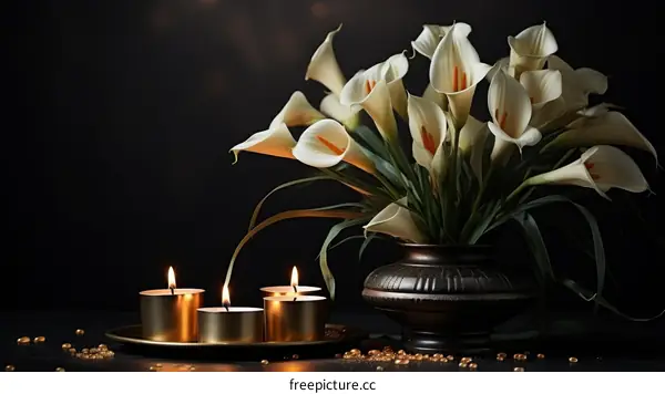 Elegant still life with white calla lilies and burning candles