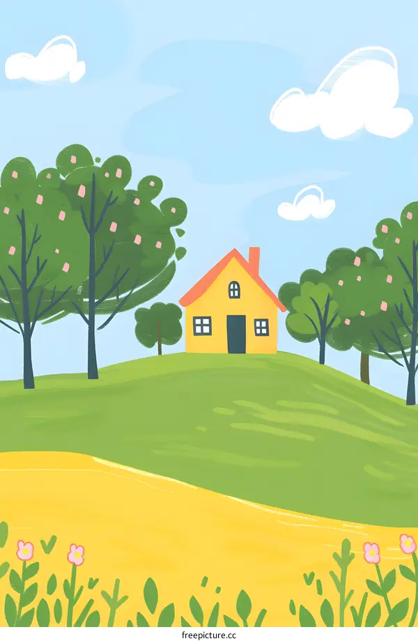 Spring Landscape with a Yellow House and Flowers