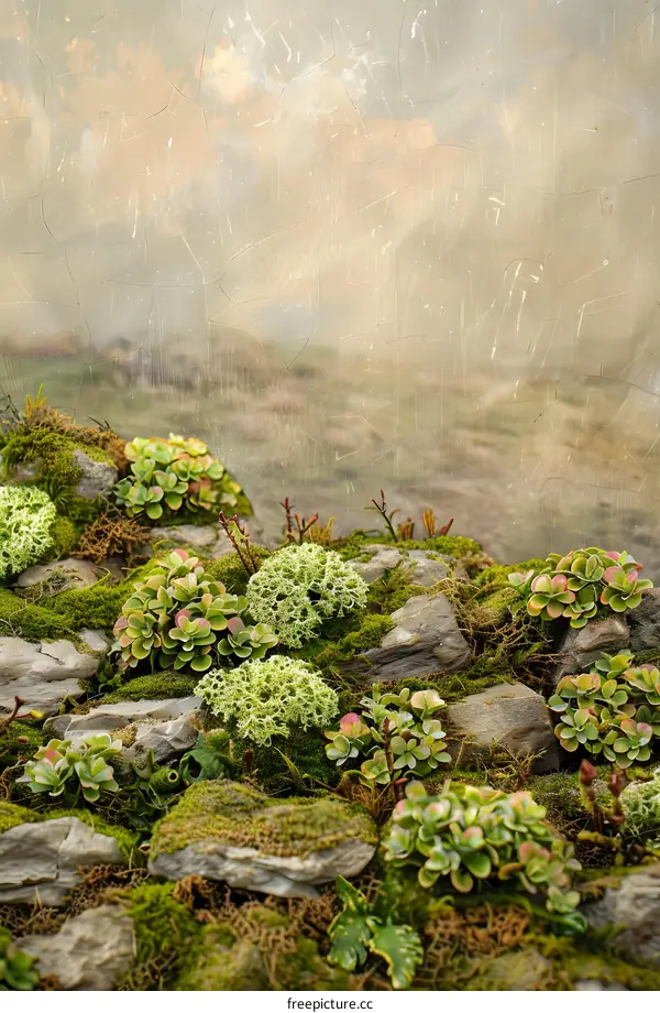 Close Up Green Mossy Rocks And Succulents