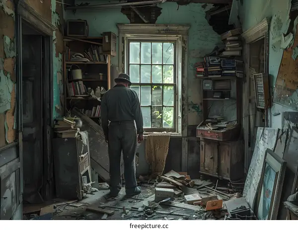 An old man standing in a ruined room