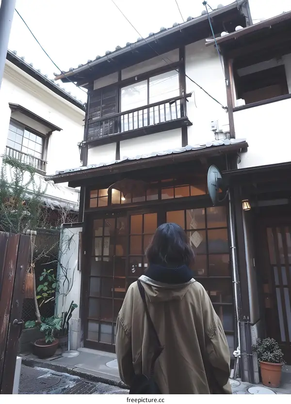 Woman Exploring Traditional Japanese Alleyway