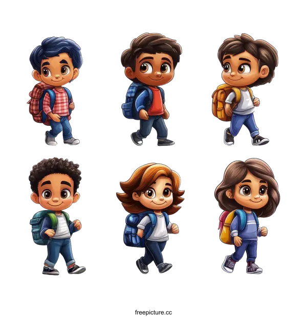 [Transparent Background PNG]Cute Children with Backpacks Going to School