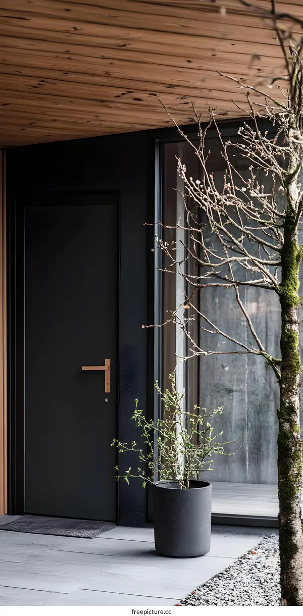 Modern Minimalist House Entrance With Black Door And Greenery