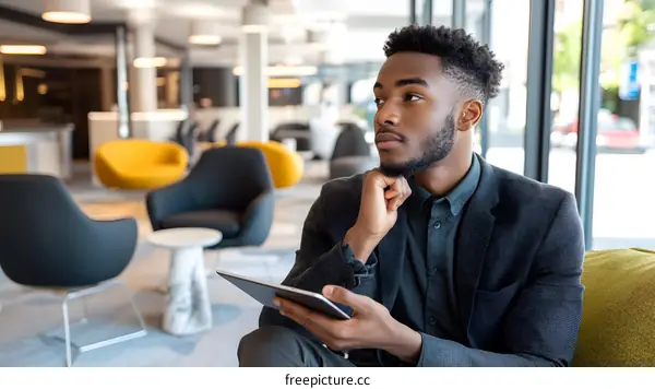 African American Businessman Sitting on Sofa in Modern Office Lobby