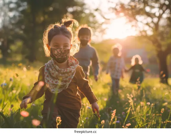 Four children are running in a field of flowers