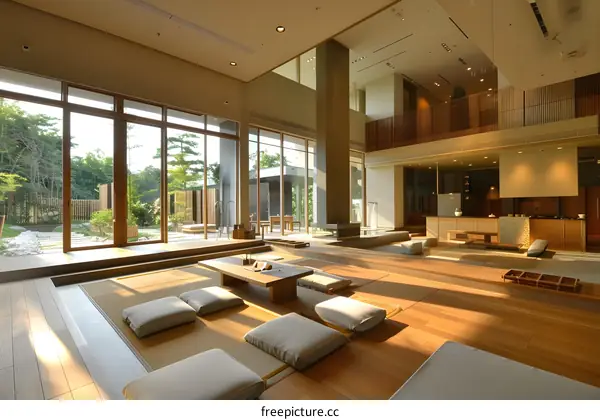 Modern Japanese Style Interior Design Living Room With Wooden Floor And Large Windows