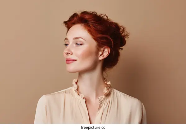 Portrait of a Redhead Woman in a Beige Blouse