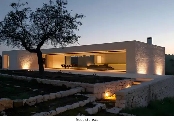 Modern White House with Large Windows at Dusk