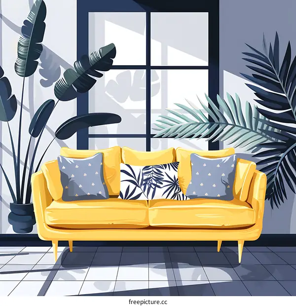 Yellow Sofa in Living Room with Tropical Plants and Window
