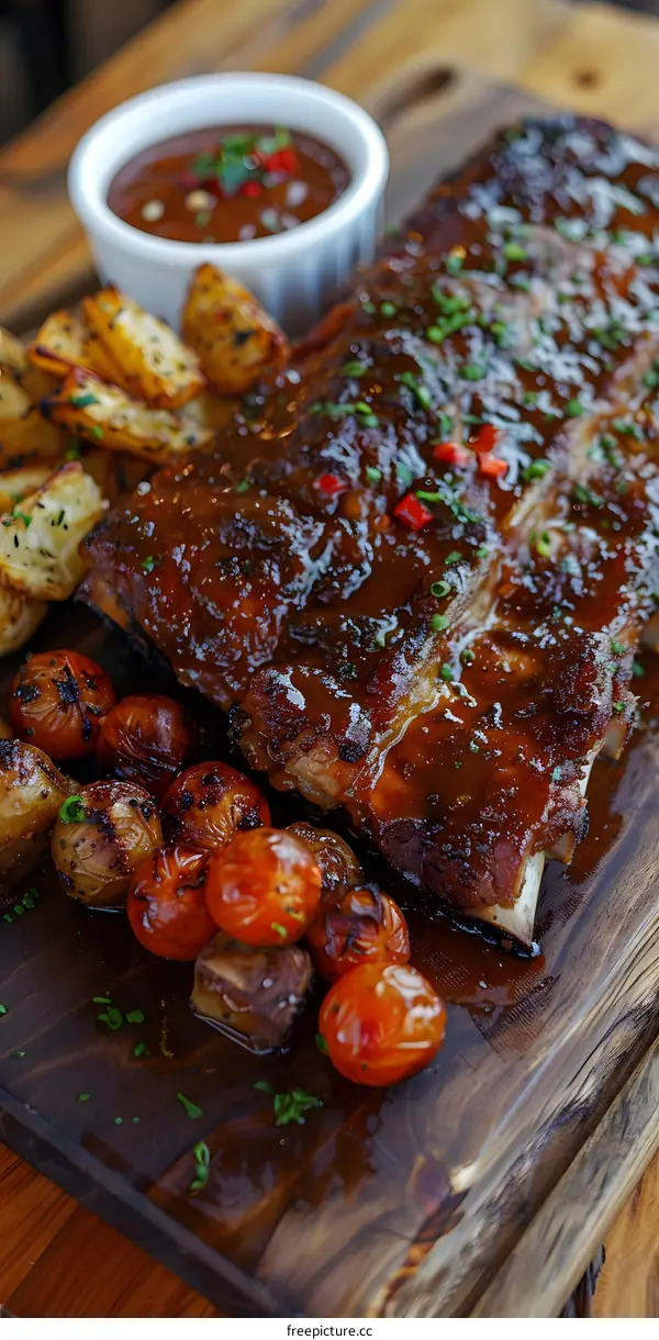 Grilled Ribs with Potatoes, Tomatoes and Sauce